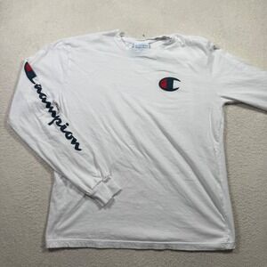 Champion Reverse Weave White Long‎ Sleeve Tee Shirt Mens Medium Graphic Logo